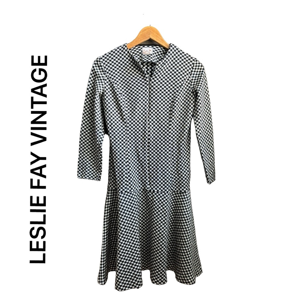 Leslie Fay Vintage Checked Mod Black & White Midi Dress Small